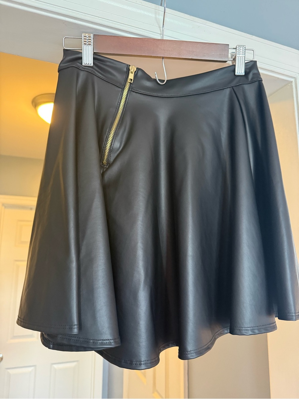 Source Unknown Black Faux Leather Skater Skirt with Gold Zip Accent